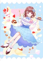 Rule 34 | 1girl, absurdres, ankle socks, bare legs, black footwear, blue bow, blue bowtie, blue gemstone, blue skirt, bow, bowtie, brooch, brown hair, cake, capelet, cherry, chocolate cake, cookie, cream, crossed legs, dot nose, doughnut, floating, flower, food, fork, frilled capelet, frilled socks, frills, fruit, gem, hair bow, hair intakes, hair ornament, hair ribbon, heart, high-waist skirt, high heels, highres, holding, holding fork, holding plate, ice cream, jewelry, kumono ame, light blush, long sleeves, looking at food, medium hair, mini flag, multicolored background, necklace, original, pearl necklace, pink eyes, plate, pudding, puffy long sleeves, puffy sleeves, red ribbon, ribbon, sandwich cookie, shirt, shirt tucked in, sidelocks, skirt, smile, socks, strawberry, sundae, wavy hair, white capelet, white flower, white shirt