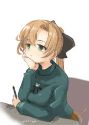 Rule 34 | 1girl, absurdres, akigumo (kancolle), brown hair, fyuo, green eyes, green sweater, hair ribbon, hand on own chin, highres, kantai collection, long hair, official alternate costume, one-hour drawing challenge, ponytail, ribbon, simple background, sitting, solo, stylus, sweater, upper body, white background