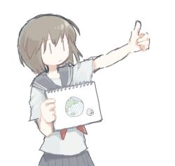 Rule 34 | 1girl, arm up, black sailor collar, black skirt, brown hair, commentary request, earth (planet), holding, moon, naname (fossama1), neckerchief, notepad, original, planet, pleated skirt, red neckerchief, sailor collar, shirt, short hair, short sleeves, simple background, skirt, solo, spiral, standing, thumbs up, white background, white shirt, | |
