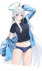 Rule 34 | 1girl, absurdres, arm up, black shirt, blue archive, blue buruma, blue jacket, breasts, buruma, closed mouth, cosplay, crop top, cropped legs, halo, headgear, highres, jacket, lkeris, long hair, long sleeves, looking at viewer, medium breasts, midriff, navel, noa (blue archive), off shoulder, open clothes, open jacket, purple eyes, shirt, short sleeves, simple background, smile, solo, stomach, sweat, thighs, very long hair, white background, white hair, yuuka (blue archive), yuuka (blue archive) (cosplay), yuuka (track) (blue archive)