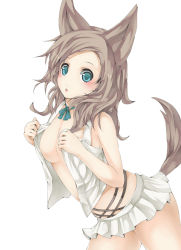 Rule 34 | 1girl, animal ears, aqua eyes, arutoria, bad id, bad pixiv id, breasts, brown hair, cleavage, open clothes, open mouth, original, solo, tail
