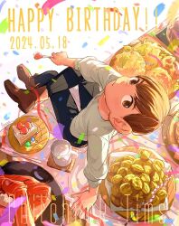 Rule 34 | 1boy, anezu, black pants, brown eyes, brown footwear, brown hair, cake, character name, chilchuck tims, closed mouth, cup, dated, dungeon meshi, figure four sitting, food, fork, from above, happy birthday, holding, holding fork, large ears, light blush, male focus, pants, perspective, plate, salad, signature, solo, strawberry cake, sweater, treasure bug (dungeon meshi), white sweater