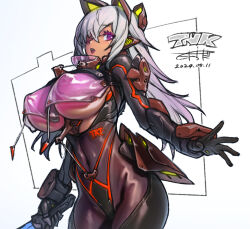 Rule 34 | 1girl, black gloves, bodysuit, breast curtain, breasts, dated, gloves, grey hair, hair between eyes, headgear, highres, holding, holding sword, holding weapon, large breasts, long hair, one eye closed, open mouth, original, purple eyes, solo, sword, takada kazuhiro, weapon