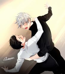 Rule 34 | 2boys, :d, ^ ^, artist name, black hair, black shirt, blush, closed eyes, commentary, dancing, closed eyes, gearous, grey hair, hair slicked back, hand around neck, hand on another&#039;s hip, katsuki yuuri, long sleeves, male focus, messy hair, multiple boys, open mouth, outstretched arms, profile, shirt, smile, standing, symbol-only commentary, upper body, viktor nikiforov, white shirt, yaoi, yuri!!! on ice