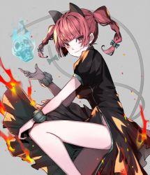Rule 34 | 1girl, :3, animal ears, blue fire, bow, braid, cat ears, cat tail, dress, extra ears, fire, flaming skull, floating skull, fog, ghost, green bow, green dress, greyscale, hitodama, holding, holding skull, kaenbyou rin, legs, monochrome, multiple tails, puffy short sleeves, puffy sleeves, red eyes, red hair, scrunchie, short sleeves, simple background, skull, slit pupils, tail, tail bow, tail ornament, touhou, twin braids, two tails, uni (bom19850101)