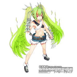 Rule 34 | 1girl, bone, claw (weapon), copyright name, green hair, hair ornament, hairclip, ken (fkenorat), kousoku kidou avatar drive, long hair, midriff, mouth hold, navel, navel piercing, piercing, red eyes, short shorts, shorts, solo, teeth, twintails, weapon, white background