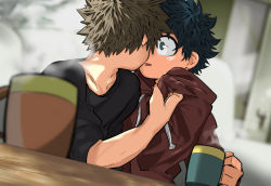Rule 34 | 2boys, bakugou katsuki, black shirt, blonde hair, blouse, blurry, blurry background, blurry foreground, boku no hero academia, clothes grab, commentary request, cup, depth of field, freckles, green hair, holding, holding cup, hood, hoodie, imminent kiss, looking at another, midoriya izuku, mug, multiple boys, omura (o mr), red hoodie, shirt, shirt grab, spiked hair, steam, t-shirt, yaoi