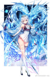 Rule 34 | 1girl, arm up, blue eyes, braid, breasts, copyright request, crossed legs, dragon, dress, full body, gloves, k12ioo, long hair, looking at viewer, medium breasts, panties, pleated dress, short dress, sidelocks, silver hair, smile, solo, standing, string panties, sword, thighhighs, tiara, torn clothes, torn thighhighs, twin braids, underwear, very long hair, weapon, weibo watermark, white thighhighs, wind, wind lift