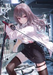 Rule 34 | 1girl, absurdres, android, bae.c, black skirt, breasts, brown hair, brown thighhighs, closed mouth, collared shirt, commentary, english commentary, eyebrows hidden by hair, hair between eyes, hair ornament, hairclip, highres, holding, holding sword, holding weapon, jacket, katana, long hair, medium breasts, mouth hold, nail polish, open clothes, open jacket, original, pencil skirt, pink nails, pink neckwear, purple eyes, railing, sheath, shirt, skirt, solo, standing, sword, thighhighs, unsheathed, weapon, white jacket, white shirt