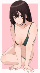Rule 34 | 1girl, absurdres, arm support, bare arms, bare shoulders, bikini, border, breasts, brown eyes, brown hair, cleavage, closed mouth, collarbone, green bikini, highres, ito kashiwamochi, large breasts, long hair, looking at viewer, outside border, pink background, simple background, sitting, smile, solo, swimsuit, white border, yokozuwari