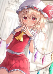 Rule 34 | 1girl, ascot, blonde hair, blurry, blurry background, blush, breasts, closed mouth, collared shirt, cowboy shot, crystal, depth of field, dutch angle, flandre scarlet, frilled shirt collar, frilled skirt, frilled sleeves, frills, hair between eyes, hat, hat ribbon, highres, indoors, medium hair, mob cap, multicolored wings, own hands together, pleated skirt, pointy ears, puffy short sleeves, puffy sleeves, red eyes, red ribbon, red skirt, red vest, reijing etrn, ribbon, shirt, short sleeves, side ponytail, skirt, skirt set, small breasts, solo, steepled fingers, touhou, vest, white hat, white shirt, wings, yellow ascot