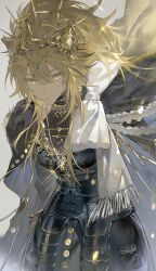 1girl absurdres arknights armor armored_dress black_dress blonde_hair bow cape closed_mouth cowboy_shot crown dress highres huang_huo_liaoyuan jewelry long_hair looking_at_viewer ponytail siege_(arknights) solo vina_victoria_(arknights) white_bow yellow_eyes