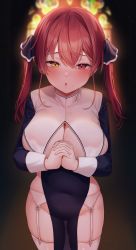Rule 34 | 1girl, :o, absurdres, alternate costume, blush, breast curtains, breast press, breasts, church, cleavage, cleavage cutout, clothing cutout, dress, fingers together, garter belt, garter straps, hair between eyes, hair ribbon, heterochromia, highres, hololive, houshou marine, houshou marine (nun), indoors, large breasts, long sleeves, looking at viewer, navel, no bra, nun, own hands together, pelvic curtain, praying, red eyes, red hair, reel (riru), revealing clothes, ribbon, see-through silhouette, shrug (clothing), side cutout, skindentation, solo, stained glass, thick thighs, thigh gap, thighhighs, thighs, translucent, virtual youtuber, white thighhighs, yellow eyes