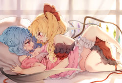 Rule 34 | 2girls, all fours, bare shoulders, bat wings, blonde hair, blue hair, blush, bow, bridal garter, commentary, crystal, curtains, day, dress, eye contact, flandre scarlet, from side, hair between eyes, hair bow, incest, indoors, knees up, lingerie, looking at another, lying, multiple girls, on back, on bed, open mouth, pillow, pink dress, piyokichi, red bow, red dress, red eyes, remilia scarlet, siblings, sisters, touhou, underwear, wavy hair, window, wings, yuri