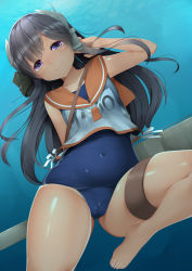 Rule 34 | 1girl, bad id, bad pixiv id, black hair, blouse, blue one-piece swimsuit, cameltoe, covered navel, headgear, i-400 (kancolle), kantai collection, long hair, looking at viewer, name tag, ne an ito, one-piece swimsuit, orange sailor collar, purple eyes, sailor collar, school swimsuit, shirt, sleeveless, sleeveless shirt, smile, solo, submerged, swimsuit, swimsuit under clothes, tan, thigh strap, white shirt