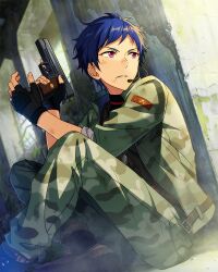 Rule 34 | 1boy, black gloves, blue hair, boots, dark blue hair, dog tags, ensemble stars!, fingerless gloves, fingernails, fushimi yuzuru, gloves, gun, happy elements, headset, highres, holding, holding gun, holding weapon, looking to the side, male focus, military (ensemble stars!), military uniform, mole, mole under eye, official art, parted lips, purple eyes, short bangs, short hair, sideways glance, sitting, sleeves rolled up, solo, third-party source, uniform, weapon