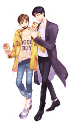 Rule 34 | 2boys, bad proportions, belt, black footwear, black hair, black pants, brown eyes, brown hair, closed eyes, crepe, denim, eating, food, hera (gk97171), looking at another, male focus, multiple boys, open mouth, original, pants, ripped jeans, shirt, shoes, sneakers, standing, t-shirt, torn clothes
