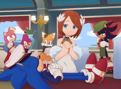 Rule 34 | 2girls, 4boys, absurdres, amy rose, blue eyes, brown hair, closed eyes, closed mouth, crossed arms, dress, espio the chameleon, feather boa, flower, furry, furry female, furry male, gloves, gravity rose, hair ornament, hat, highres, indoors, multiple boys, multiple girls, open mouth, peaked cap, plant, princess elise the third, red dress, red eyes, red flower, red rose, rose, shadow the hedgehog, shoes, short hair, sonic (series), sonic the hedgehog, sonic the hedgehog (2006), tails (sonic), the murder of sonic the hedgehog, white dress, white gloves, yellow eyes