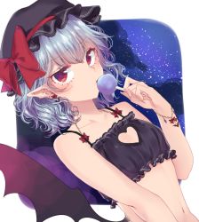 Rule 34 | 1girl, artist name, asa (coco), bat earrings, bat wings, blue hair, bow, candy, cinderella bust, commentary request, earrings, food, food print, hat, hat ribbon, heart cutout, jewelry, lollipop, looking at viewer, mob cap, mokokiyo (asaddr), nail polish, navel, pointy ears, red bow, red eyes, red ribbon, remilia scarlet, ribbon, signature, solo, touhou, underwear, underwear only, upper body, wavy hair, wings