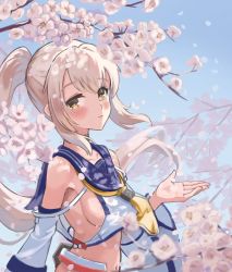 Rule 34 | 1girl, absurdres, ascot, ayanami (azur lane), azur lane, belt, blurry, blush, branch, cherry blossoms, choker, collarbone, commentary request, depth of field, detached sleeves, from side, hair between eyes, hair ornament, hairclip, highres, long hair, long sleeves, looking at viewer, looking to the side, midriff, navel, ojisan kamo shiremasen, petals, ponytail, retrofit (azur lane), ribbon-trimmed sleeves, ribbon trim, school uniform, serafuku, sidelocks, silver hair, smile, solo, wide sleeves, wind, yellow eyes