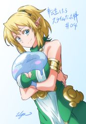 Rule 34 | 10s, 1girl, 1other, armlet, artist name, bare shoulders, between breasts, blonde hair, blue eyes, breast hold, breasts, cleavage, colored eyelashes, crossed arms, dress, dutch angle, elf, extra, gold trim, green dress, highres, hug, large breasts, lilya (lilya litvak), long hair, looking at viewer, melting, pointy ears, ponytail, rimuru tempest, sideways mouth, slime (creature), smile, split mouth, tensei shitara slime datta ken