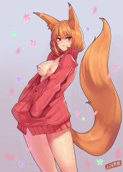 Rule 34 | 1girl, animal ears, artist name, breasts, coat, fox ears, fox tail, jacket, jjune, looking at viewer, mole, mole under mouth, naked coat, nipples, open clothes, open jacket, orange hair, original, red eyes, short hair, simple background, smile, solo, sweater, tail, thighs