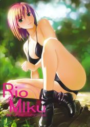 Rule 34 | 1girl, absurdres, ankle boots, bikini, black bikini, blush, boots, breasts, cleavage, green eyes, highres, large breasts, legs, momose hisashi, pink hair, rio rollins, short hair, sitting, solo, super blackjack, swimsuit