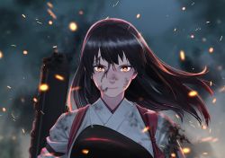 Rule 34 | 1girl, akagi (kancolle), black hair, brown eyes, burnt clothes, closed mouth, damaged, dirty, flight deck, grimace, highres, japanese clothes, kantai collection, long hair, looking at viewer, muneate, solo, straight hair, tasuki, torn clothes, upper body, yue (tada no saboten)