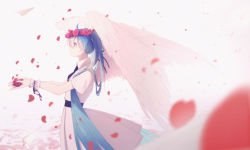 Rule 34 | 1girl, alternate costume, angel wings, black necktie, blue eyes, blue hair, blurry, commentary request, depth of field, dress, feathered wings, flat chest, floating, flower, flying, grey background, hanamoto410, happy, hatsune miku, head wreath, highres, holding, holding flower, long hair, looking away, necktie, outstretched arms, paper airplane, petals, profile, red flower, red rose, rose, short sleeves, simple background, smile, solo, standing, upper body, very long hair, vocaloid, white dress, wings, wrist cuffs