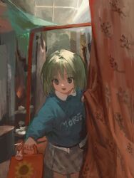 Rule 34 | 1girl, :d, bag, child, clothes writing, collared shirt, curtains, green eyes, green hair, grey skirt, highres, holding, holding bag, indoors, kouka (mrakano5456), long sleeves, medium hair, open mouth, original, red curtains, shirt, skirt, smile, solo