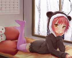 Rule 34 | 1girl, bad id, bad pixiv id, bed, brown eyes, calendar (object), cupen, looking at viewer, lying, on stomach, original, pillow, purple thighhighs, red hair, solo, thighhighs, window