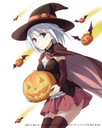 Rule 34 | 10s, 1girl, blue eyes, cape, date a live, detached sleeves, hair ornament, hairclip, hat, head wings, jack-o&#039;-lantern, konoe (vis9191), looking at viewer, official art, pumpkin, short hair, simple background, skirt, smile, solo, thighhighs, tobiichi origami, wings, witch hat, zettai ryouiki