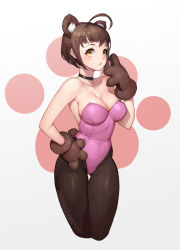 Rule 34 | 1girl, absurdres, ahoge, animal ears, animal hands, bare shoulders, bear ears, bear paws, black choker, black pantyhose, breasts, brown hair, choker, cleavage, collarbone, commentary request, extra ears, gloves, highleg, highleg leotard, highres, kimhgaju (gase), large breasts, leotard, looking at viewer, medium breasts, nontraditional playboy bunny, off shoulder, original, pantyhose, parted lips, paw gloves, pink leotard, playboy bunny, short hair, sidelocks, solo, standing, thigh gap, yellow eyes