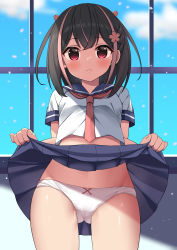 Rule 34 | 1girl, black hair, blue sailor collar, blue skirt, blush, bow, bow panties, breasts, closed mouth, clothes lift, commentary request, cowboy shot, gluteal fold, groin, hekomii, highres, indoors, lifted by self, looking at viewer, multicolored hair, navel, necktie, original, panties, pink hair, pleated skirt, red eyes, red necktie, sailor collar, school uniform, serafuku, shirt, short sleeves, skirt, skirt lift, small breasts, solo, streaked hair, underwear, white panties, white shirt, window