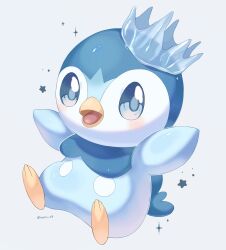 Rule 34 | animal focus, artist name, bird, blue background, blue eyes, blue skin, colored skin, commentary request, creatures (company), crown, game freak, gen 4 pokemon, highres, iwasi 29, nintendo, no humans, open mouth, penguin, piplup, pokemon, pokemon (creature), simple background, sitting, sparkle, star (symbol), twitter username