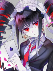 Rule 34 | 1girl, black hair, black nails, bonnet, card, celestia ludenberg, closed mouth, colored inner hair, commentary request, danganronpa: trigger happy havoc, danganronpa (series), drill hair, earrings, frills, gothic lolita, holding, holding card, jewelry, lolita fashion, long hair, long sleeves, looking at viewer, multicolored hair, nail polish, neck ribbon, necktie, pale skin, playing card, red eyes, red hair, red neckwear, ribbon, shirt, solo, spade (shape), tabi (cufs5442), twin drills, twintails, upper body