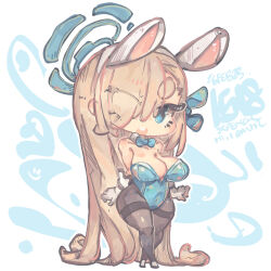 Rule 34 | 1girl, absurdly long hair, animal ears, asuna (blue archive), asuna (bunny) (blue archive), blue archive, blue bow, blue leotard, blush, bow, breasts, chibi, cleavage, collarbone, covered navel, crossed legs, dated, detached collar, fake animal ears, gloves, hair behind ear, hair over one eye, hairband, halo, head tilt, highres, jrpencil, large breasts, leotard, long hair, looking at viewer, official alternate costume, open mouth, rabbit ears, solo, standing, thick thighs, thighs, very long hair, white gloves, white hairband