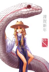Rule 34 | 1girl, adapted costume, animal, blonde hair, china dress, chinese clothes, detached sleeves, dress, female focus, giant snake, hair ribbon, happy new year, hat, highres, long hair, long sleeves, mishaguji, moriya suwako, new year, open mouth, oversized animal, purple dress, ribbon, side slit, smile, snake, solo, teiraa, touhou, wide sleeves, yellow eyes