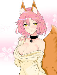 Rule 34 | 10s, 1girl, absurdres, alternate hair length, alternate hairstyle, animal ear fluff, animal ears, arm behind back, bare shoulders, bayue tian, blush, breasts, choker, cleavage, commentary request, fate/extra, fate/grand order, fate (series), fox ears, fox tail, highres, large breasts, looking at viewer, off-shoulder, off-shoulder sweater, off shoulder, pink hair, pink lips, short hair, solo, sweater, tail, tamamo (fate), tamamo no mae (fate/extra), yellow eyes
