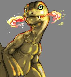 Rule 34 | agumon, digimon, digimon (creature), fire, green eyes, looking at viewer, reptile, solo