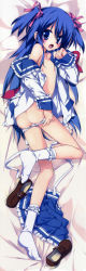 Rule 34 | 1girl, :o, absurdres, ass, bandaid, bandaid on knee, bandaid on leg, bed, bed sheet, blue eyes, blue hair, blush, bobby socks, copyright request, d:, dakimakura (medium), fang, feet, flat chest, from behind, full body, gotou nao, hair ribbon, highres, legs, loafers, long image, looking at viewer, looking back, lying, matching hair/eyes, nipples, on stomach, open clothes, open mouth, open shirt, panties, panty pull, ribbon, school uniform, shirt, shoes, unworn shoes, skirt, unworn skirt, socks, solo, tall image, third-party source, two side up, underwear, white panties, white socks