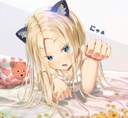 Rule 34 | 1girl, abigail williams (fate), animal ear fluff, animal ears, bare shoulders, blonde hair, bow, cat ears, commentary request, fate/grand order, fate (series), floral print, flower, hair bow, highres, large hands, long hair, lying, on stomach, parted bangs, pillow, sakazakinchan, solo, translation request, yellow flower