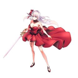 Rule 34 | 1girl, absurdres, blue eyes, bow, breasts, dress, earrings, floating hair, hair bow, high heels, highres, holding, holding sword, holding weapon, jewelry, keigen hichou, large breasts, leg tattoo, long hair, looking at viewer, no bra, rapier, red bow, red dress, riselia ray crystalia, seiken gakuin no maken tsukai, simple background, sleeveless, sleeveless dress, sword, tattoo, thighhighs, weapon, white hair