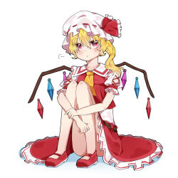 Rule 34 | 1girl, blonde hair, blush, closed mouth, collarbone, collared shirt, doko ni demo iru bakana shojo, flandre scarlet, frilled shirt collar, frilled skirt, frilled sleeves, frills, full body, hair between eyes, hat, hat ribbon, highres, hugging own legs, mary janes, medium hair, mob cap, multicolored wings, no socks, pout, puffy short sleeves, puffy sleeves, red eyes, red footwear, red ribbon, red skirt, red vest, ribbon, ribbon-trimmed headwear, ribbon trim, shirt, shoes, short sleeves, side ponytail, simple background, skirt, solo, touhou, vest, white background, white hat, white shirt, wings