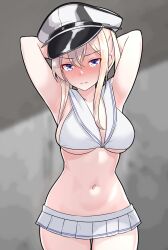 Rule 34 | 1girl, armpits, arms behind head, arms up, bikini, bikini skirt, blonde hair, blue eyes, blush, breasts, commission, cosplay, furaggu (frag 0416), gluteal fold, graf zeppelin (kancolle), hair between eyes, hat, highres, kantai collection, large breasts, long hair, looking at viewer, navel, nipples, nose blush, peaked cap, pixiv commission, sailor bikini, sailor collar, sidelocks, solo, standing, stomach, swimsuit, twintails, white bikini, white sailor collar, z1 leberecht maass (kancolle), z1 leberecht maass (kancolle) (cosplay)