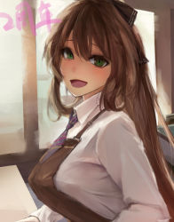 Rule 34 | 1girl, :d, akashic, alternate costume, apron, blush, breasts, brown apron, brown hair, collared shirt, commentary request, day, eyelashes, eyes visible through hair, from side, girls&#039; frontline, green eyes, hair between eyes, hair ribbon, hair rings, happy, highres, large breasts, long hair, long sleeves, looking at viewer, looking to the side, necktie, open mouth, parted bangs, ponytail, raised eyebrows, ribbon, shirt, short necktie, sidelocks, smile, solo, springfield (girls&#039; frontline), translation request, upper body, white shirt, wing collar