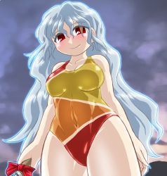 Rule 34 | 1girl, bare shoulders, cloud, competition swimsuit, covered navel, cowboy shot, from below, hair ribbon, long hair, looking at viewer, multicolored clothes, multicolored swimsuit, nata (tool), one-piece swimsuit, red eyes, red ribbon, ribbon, sakata nemuno, silver hair, sky, smile, solo, standing, swimsuit, touhou, wavy hair, winn