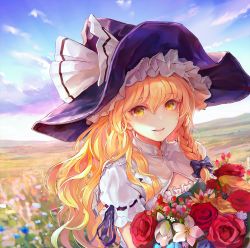 Rule 34 | 1girl, black hat, blonde hair, blue sky, bouquet, bow, braid, cloud, commentary request, day, flower, hair between eyes, hair bow, hat, hat bow, kirisame marisa, long hair, looking at viewer, outdoors, parted lips, puffy short sleeves, puffy sleeves, purple bow, red flower, red rose, ribbon-trimmed sleeves, ribbon trim, rose, short sleeves, side braid, single braid, sky, smile, solo, tocope, touhou, upper body, wavy hair, white bow, white flower, witch hat, yellow eyes