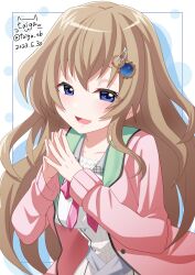 Rule 34 | 1girl, 2023, 9-nine-, :d, blue eyes, blush, breasts, cardigan, commentary request, dated, dated commentary, drop shadow, eyelashes, eyes visible through hair, gear hair ornament, hair between eyes, half-closed eyes, hands up, happy, highres, kujou miyako, large breasts, light brown hair, long hair, looking at viewer, open cardigan, open clothes, open mouth, own hands together, pink cardigan, pink ribbon, ribbon, school uniform, shirt, sidelocks, signature, simple background, sleeves past wrists, smile, solo, star (symbol), steepled fingers, taiga sb, twitter username, upper body, very long hair, wavy hair, white background, white shirt, wing hair ornament