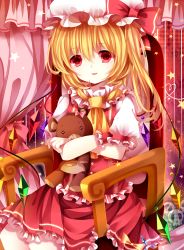 Rule 34 | 1girl, :d, armchair, ascot, blonde hair, chair, hugging doll, flandre scarlet, hat, looking at viewer, mob cap, moseley, hugging object, open mouth, red eyes, side ponytail, sitting, smile, solo, stuffed animal, stuffed toy, teddy bear, touhou, wings, wrist cuffs